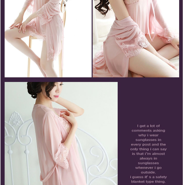 Fashion Color Oversized See-through Shawl Lace Hem Strap Nightdress Suit,SLEEPWEAR & UNDERWEAR