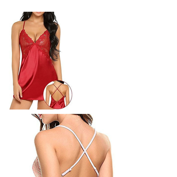 Fashion Red Ice-like Silk Deep V Stitching Lace Hanging Neck Open Leaky Pajamas,SLEEPWEAR & UNDERWEAR
