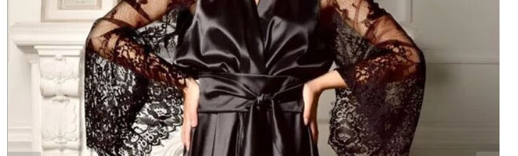 Fashion Black Ice-like Silk Stitching Perspective Lace Sleeve Tether Strap Nightdress,SLEEPWEAR & UNDERWEAR