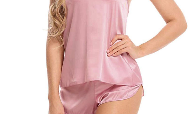 Fashion Pink Satin V-neck Lace Camisole Sleeveless Pajamas Set,SLEEPWEAR & UNDERWEAR