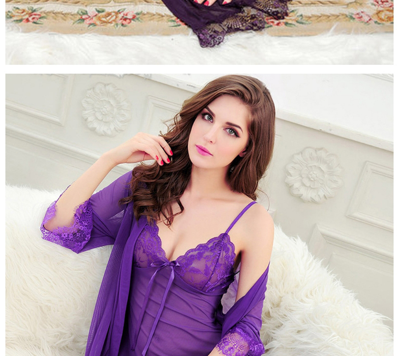 Fashion Purple Three-piece Lace Nightdress Suspender Nightdress,SLEEPWEAR & UNDERWEAR