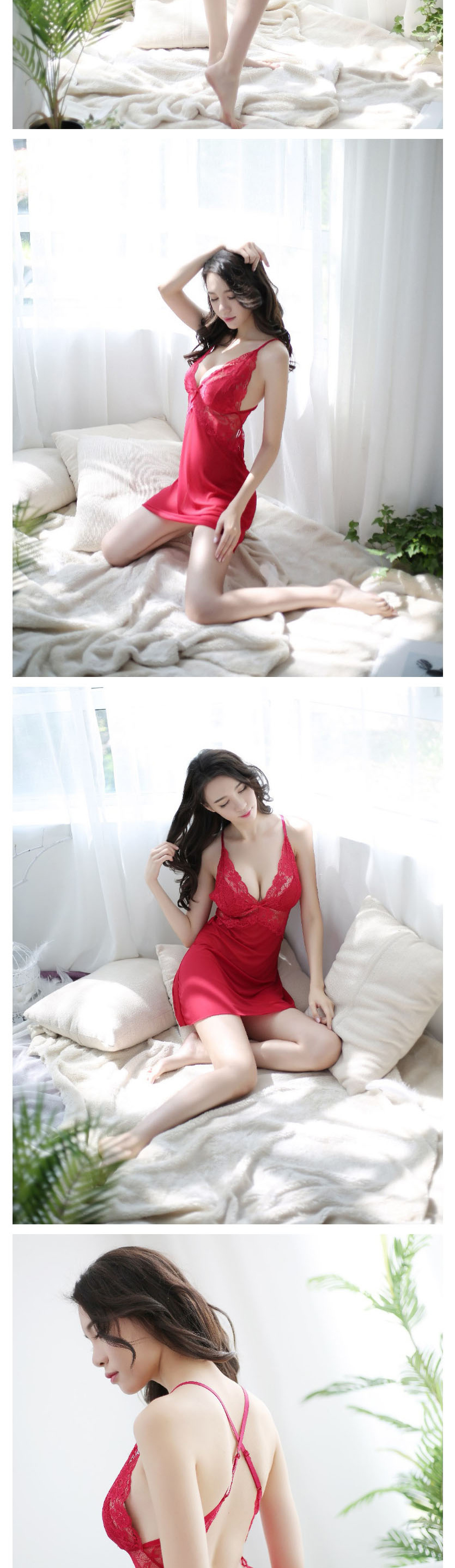 Fashion Red Lace Perspective Deep V-neck Strap Pajamas,SLEEPWEAR & UNDERWEAR