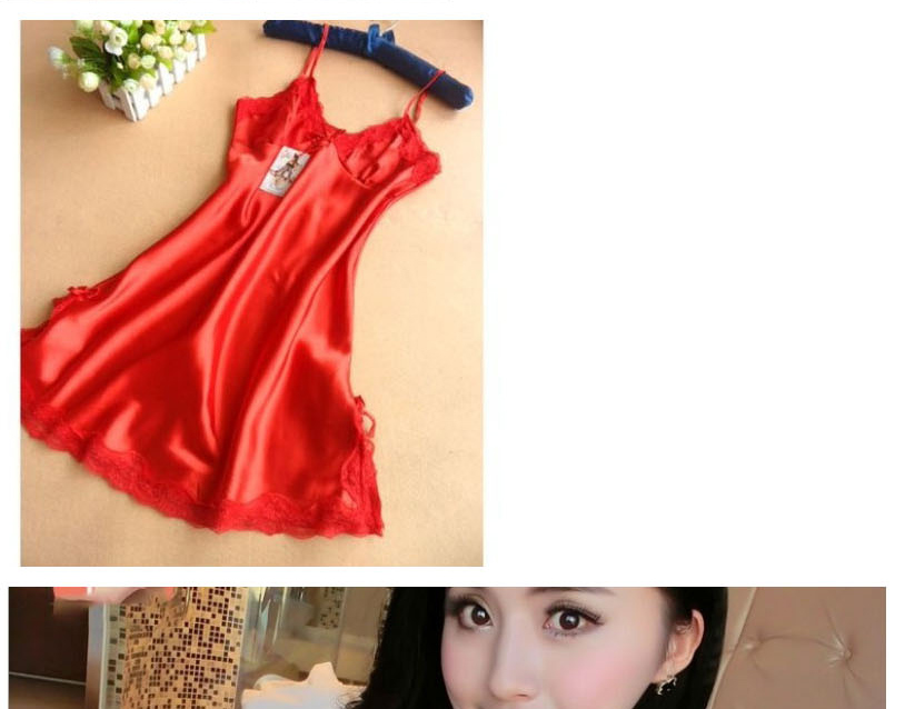 Fashion Red Lace Lace Bow Deep V-neck Transparent Pajamas,SLEEPWEAR & UNDERWEAR