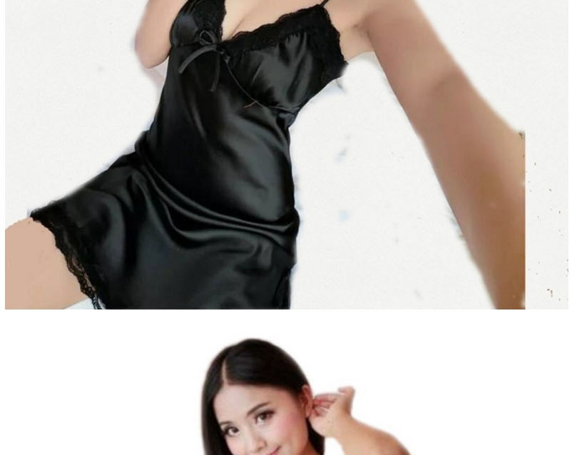 Fashion Black Lace Lace Bow Deep V-neck Transparent Pajamas,SLEEPWEAR & UNDERWEAR