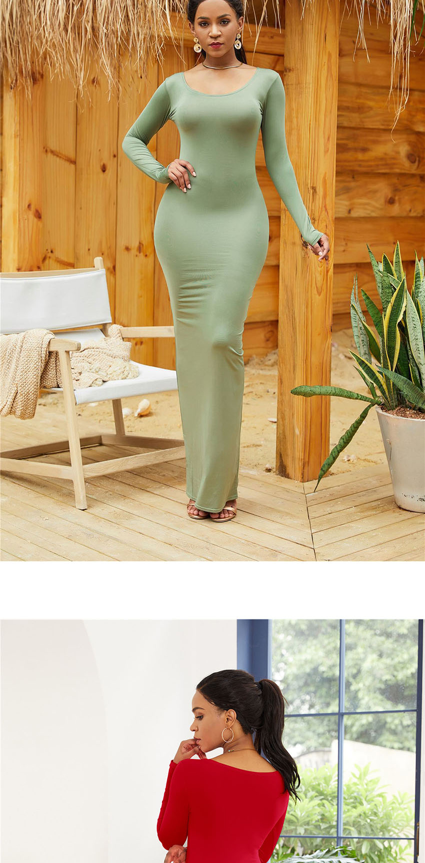 Fashion Khaki Slim Round Neck Long-sleeved Dress,Long Dress