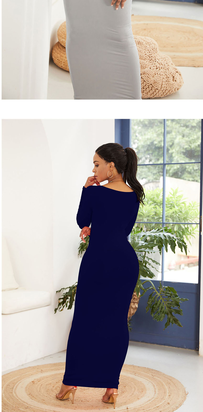 Fashion Blue Slim Round Neck Long-sleeved Dress,Long Dress