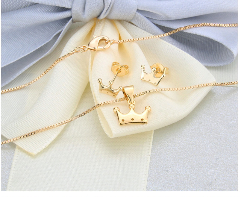Fashion Golden Glossy Crown Gold Plated Stud Earrings Necklace Set,Jewelry Sets