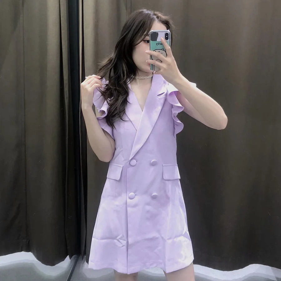 Fashion Purple Double-breasted Dress With Flying Sleeve Suit Collar,Long Dress