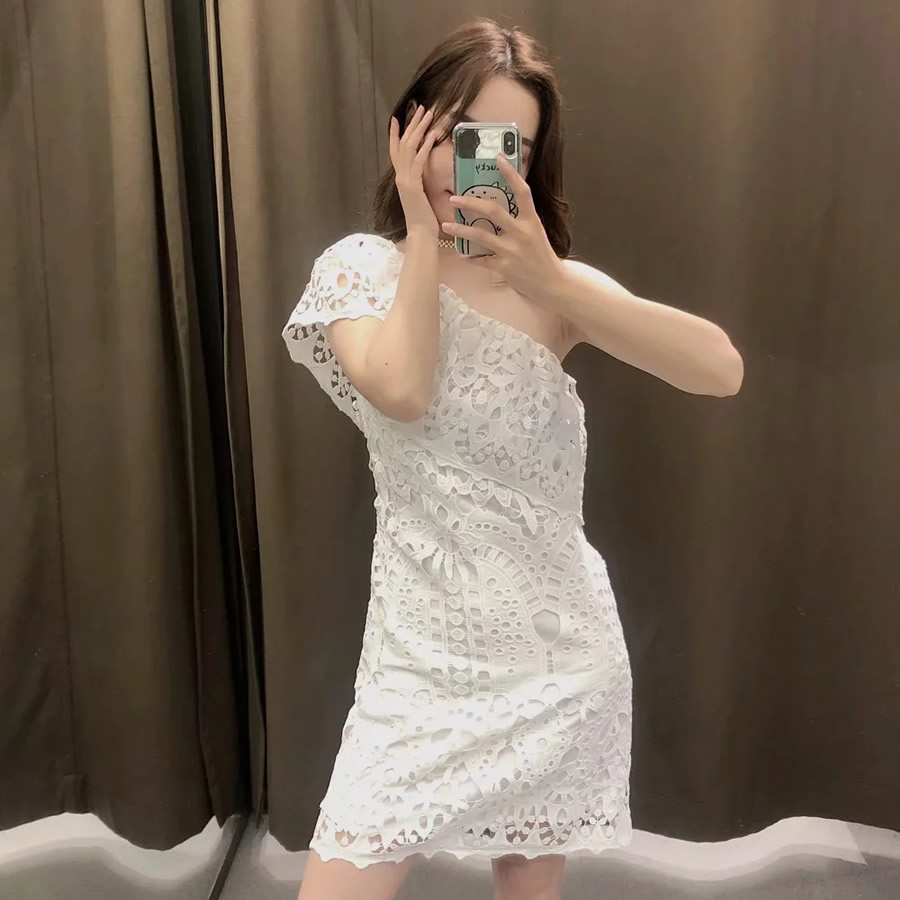 Fashion White Slanted Shoulder Hollow Water-soluble Lace Dress,Long Dress