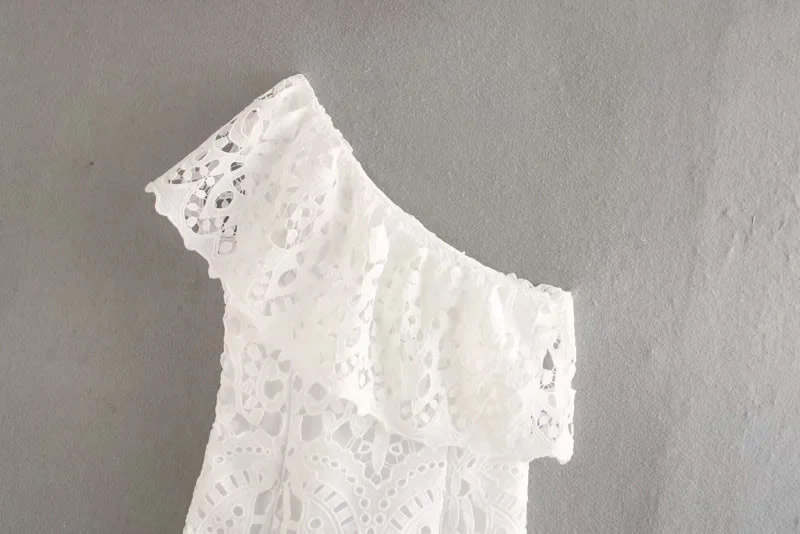 Fashion White Slanted Shoulder Hollow Water-soluble Lace Dress,Long Dress