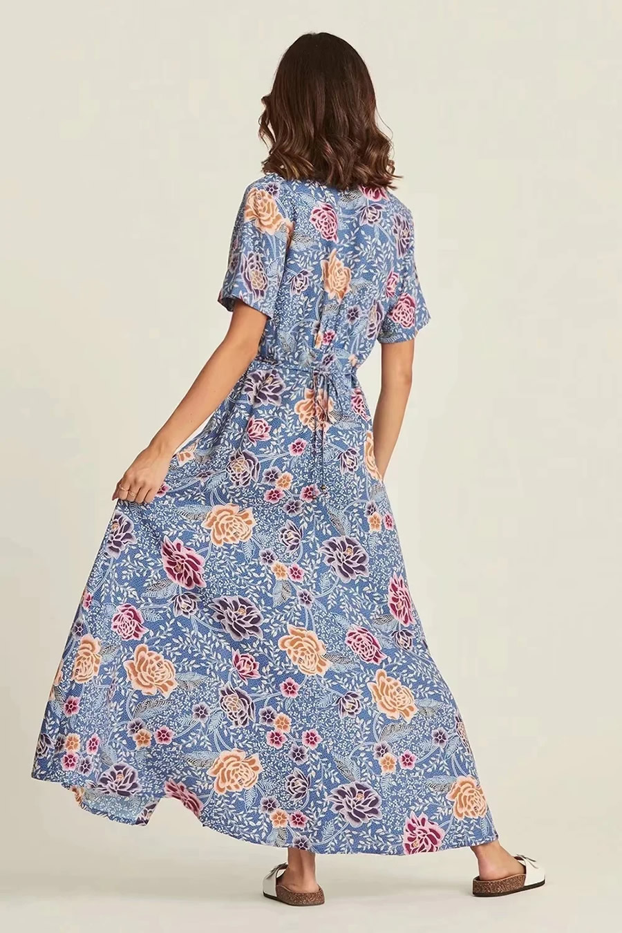 Fashion Blue Short Sleeve Dress With Printed Deep V Neck,Long Dress