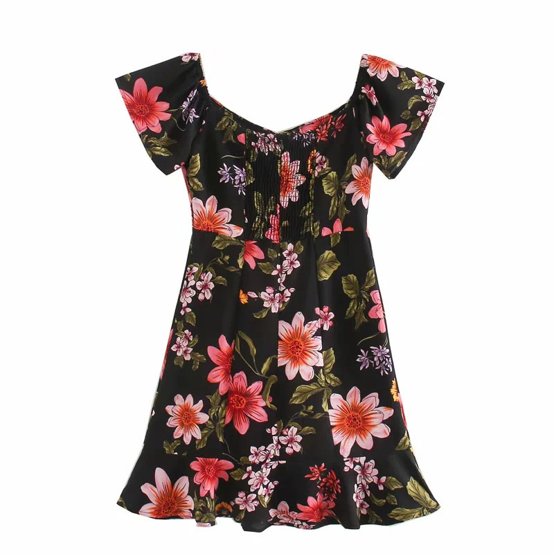 Fashion Black Background Flower Flying Sleeve Flower Print Stitching Short Sleeve Dress,Long Dress