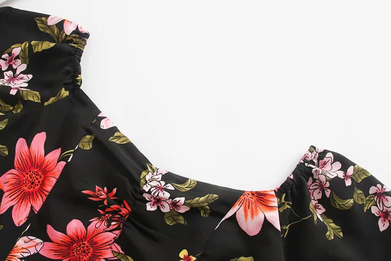 Fashion Black Background Flower Flying Sleeve Flower Print Stitching Short Sleeve Dress,Long Dress