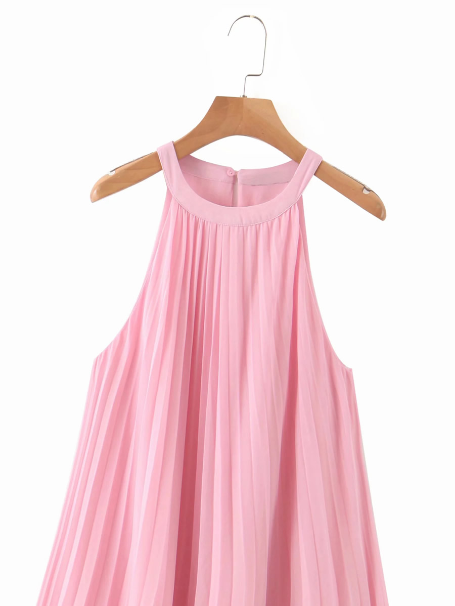 Fashion Pink Sleeveless Loose Dress With Pleated Halter Neck,Long Dress