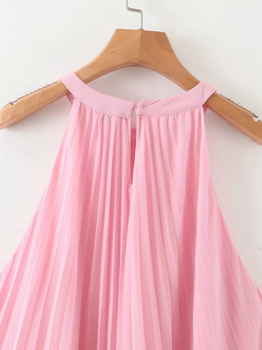 Fashion Pink Sleeveless Loose Dress With Pleated Halter Neck,Long Dress