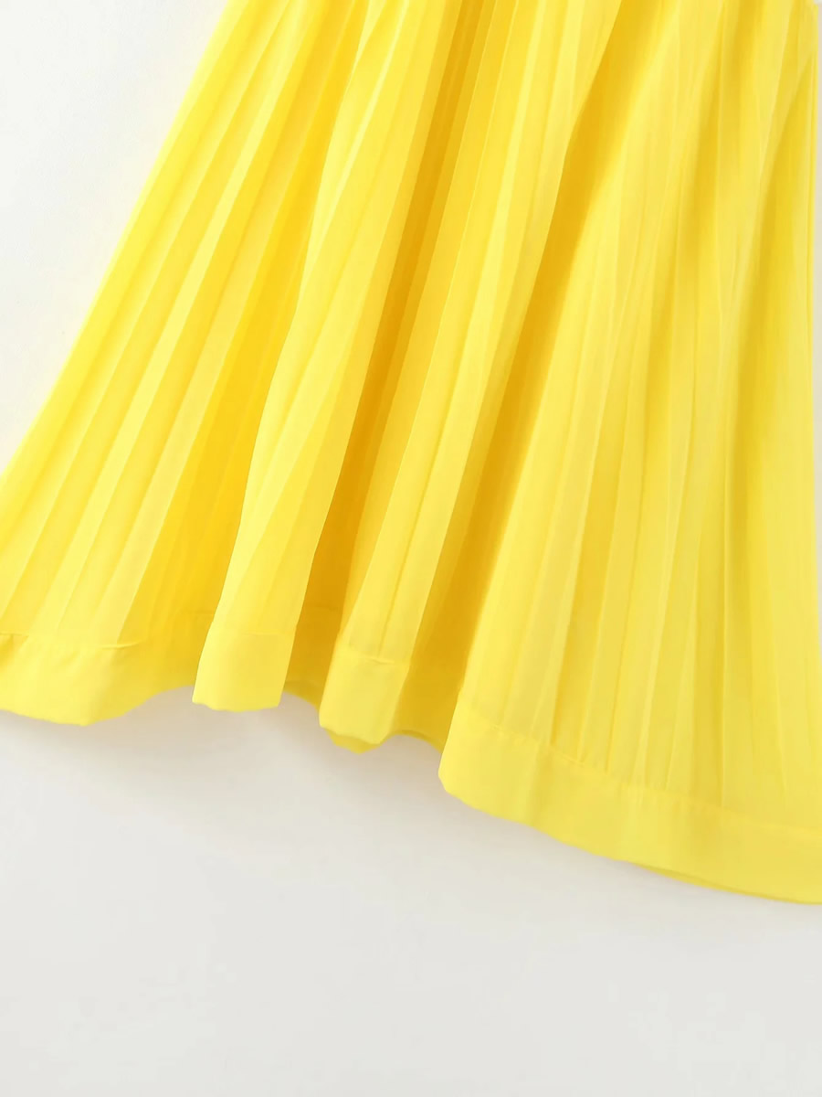 Fashion Yellow Sleeveless Loose Dress With Pleated Halter Neck,Long Dress