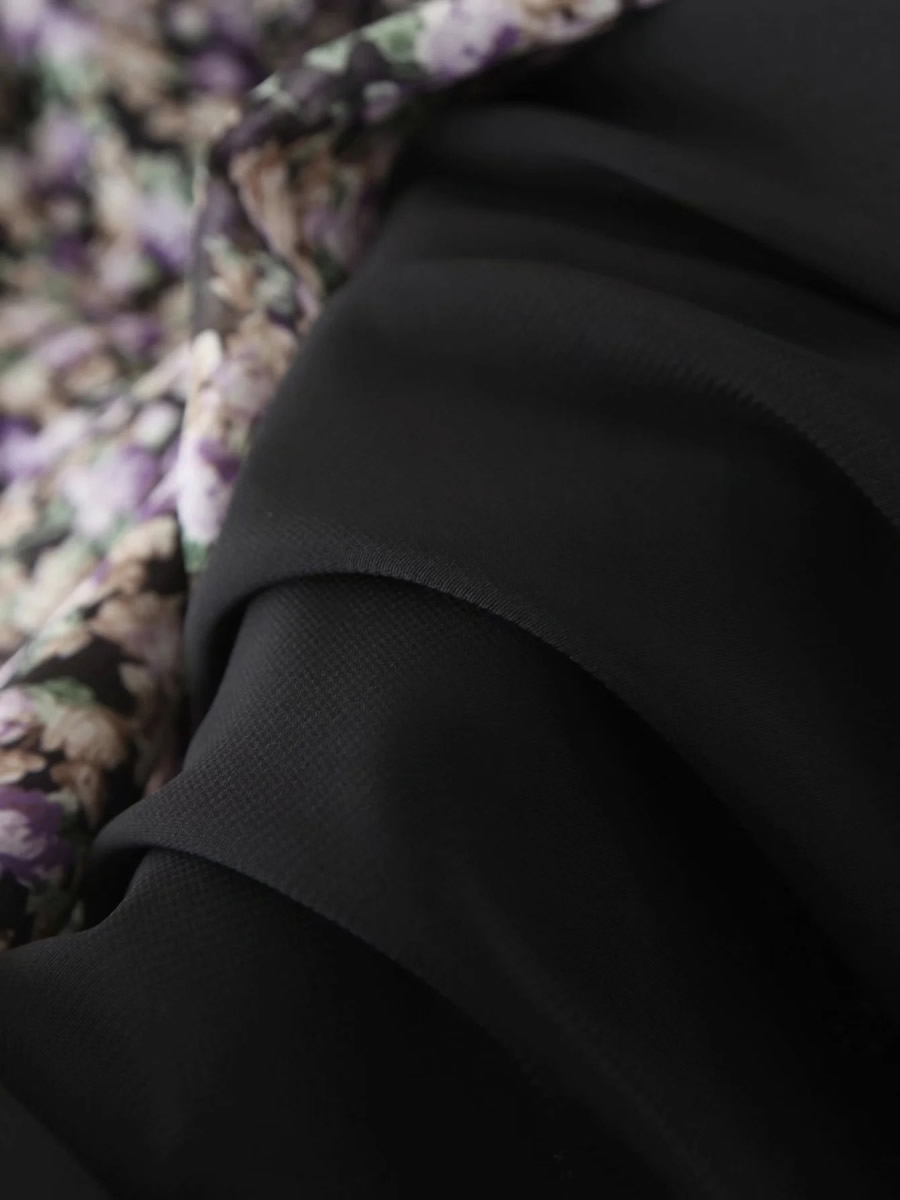 Fashion Black Floral Floral Ruffled V-neck Dress,Long Dress