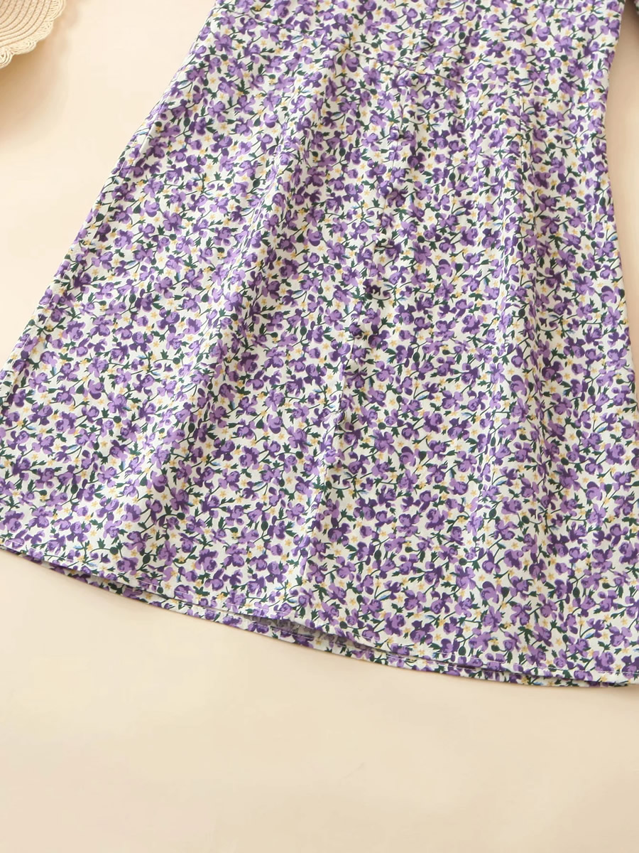 Fashion Purple Floral Floral V-neck Breasted Dress,Long Dress