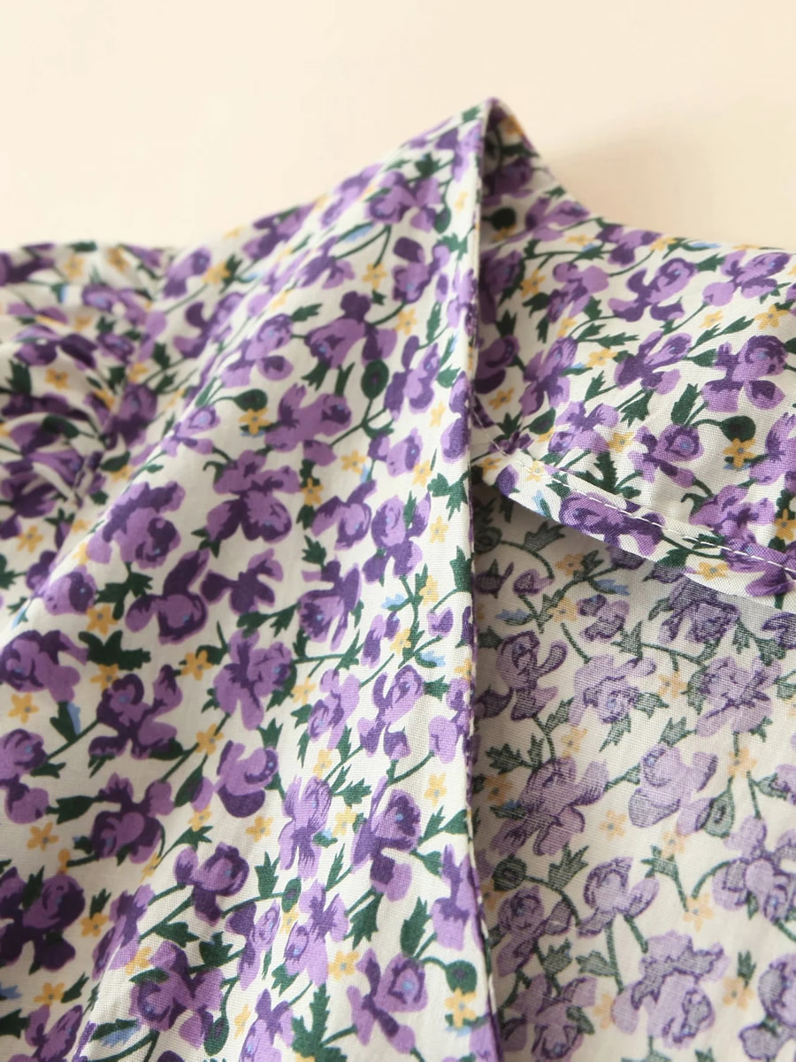 Fashion Purple Floral Floral V-neck Breasted Dress,Long Dress
