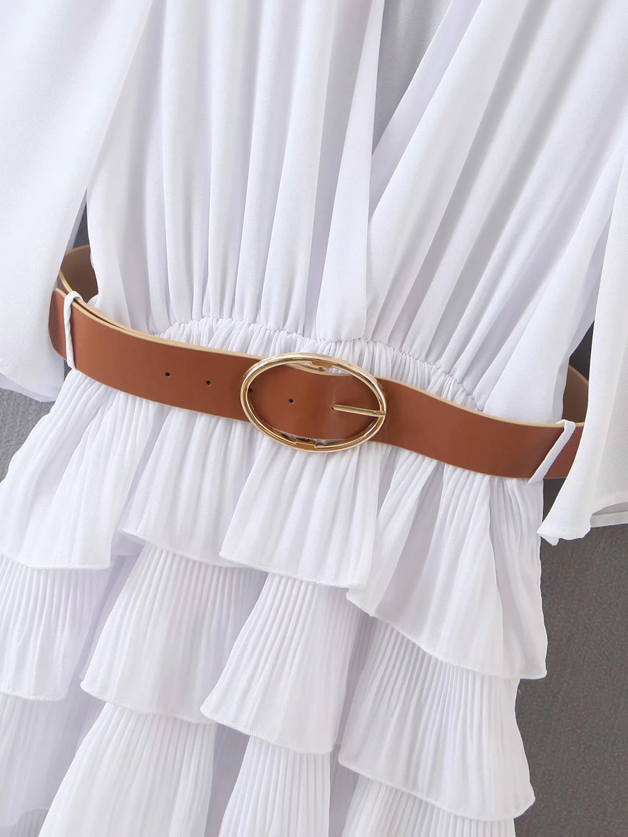 Fashion Leather Powder Pleated Chiffon Dress With Belt,Long Dress