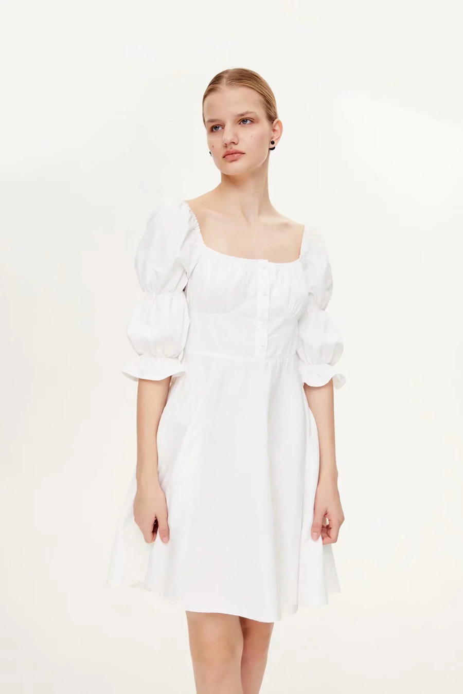 Fashion White Cotton Solid Color Square Collar Puff Sleeve Dress,Long Dress