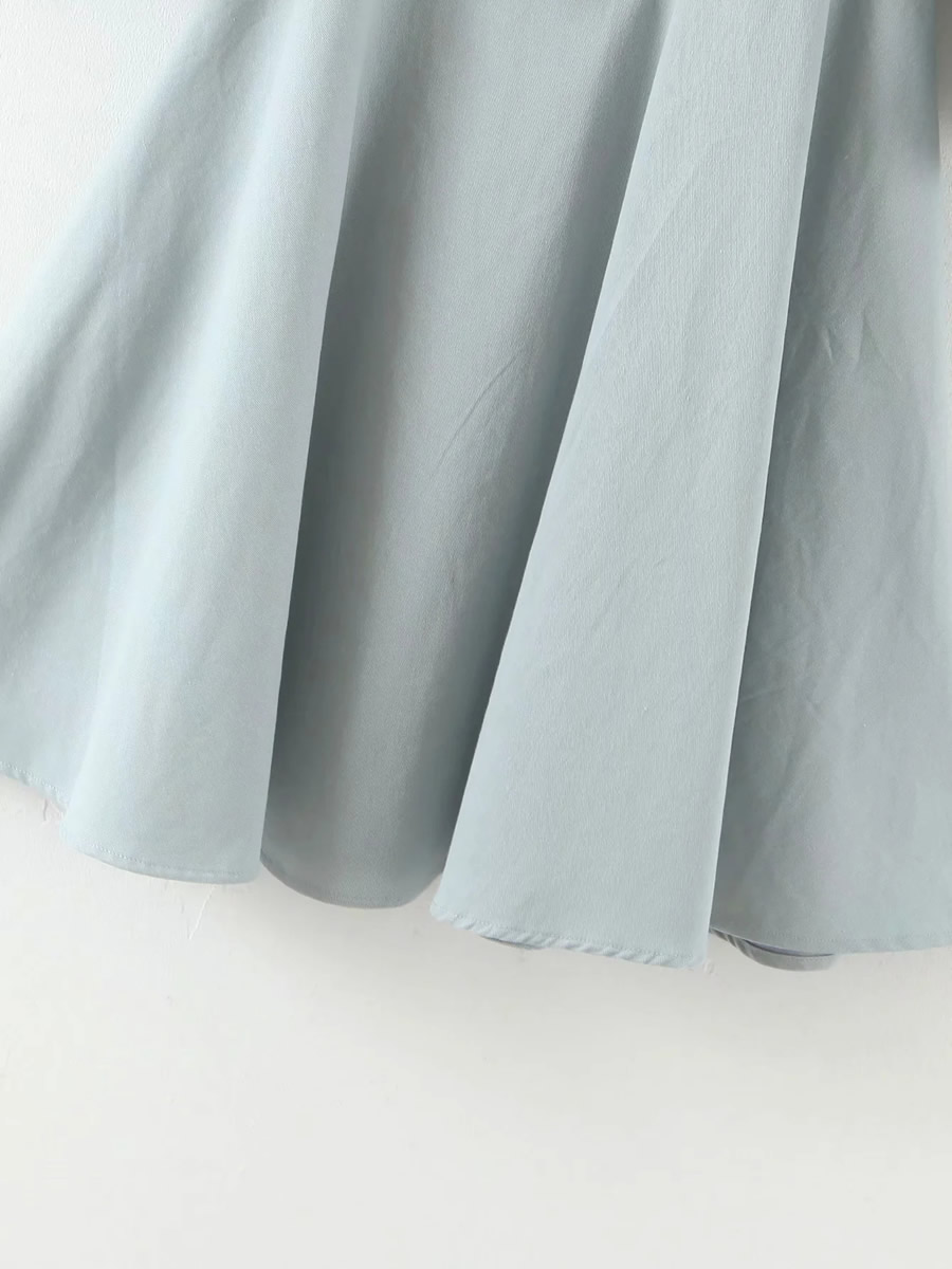 Fashion Blue Cotton Solid Color Square Collar Puff Sleeve Dress,Long Dress