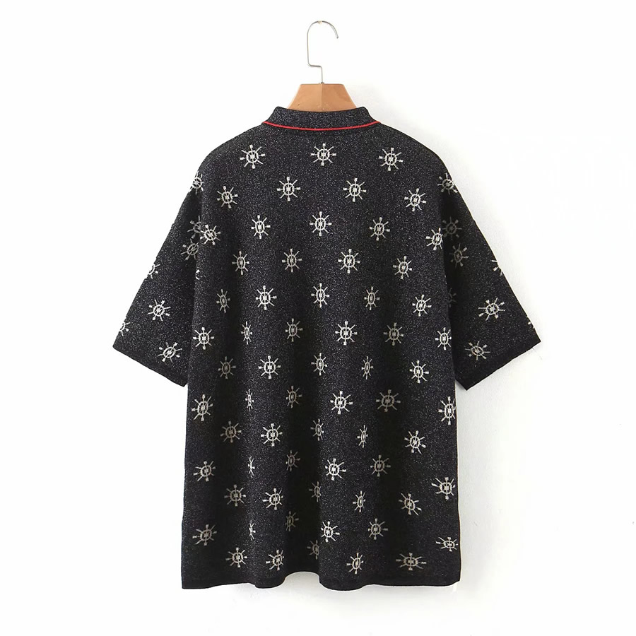 Fashion Black Knitted Jacquard Geometric Lapel Sweater,Sweater