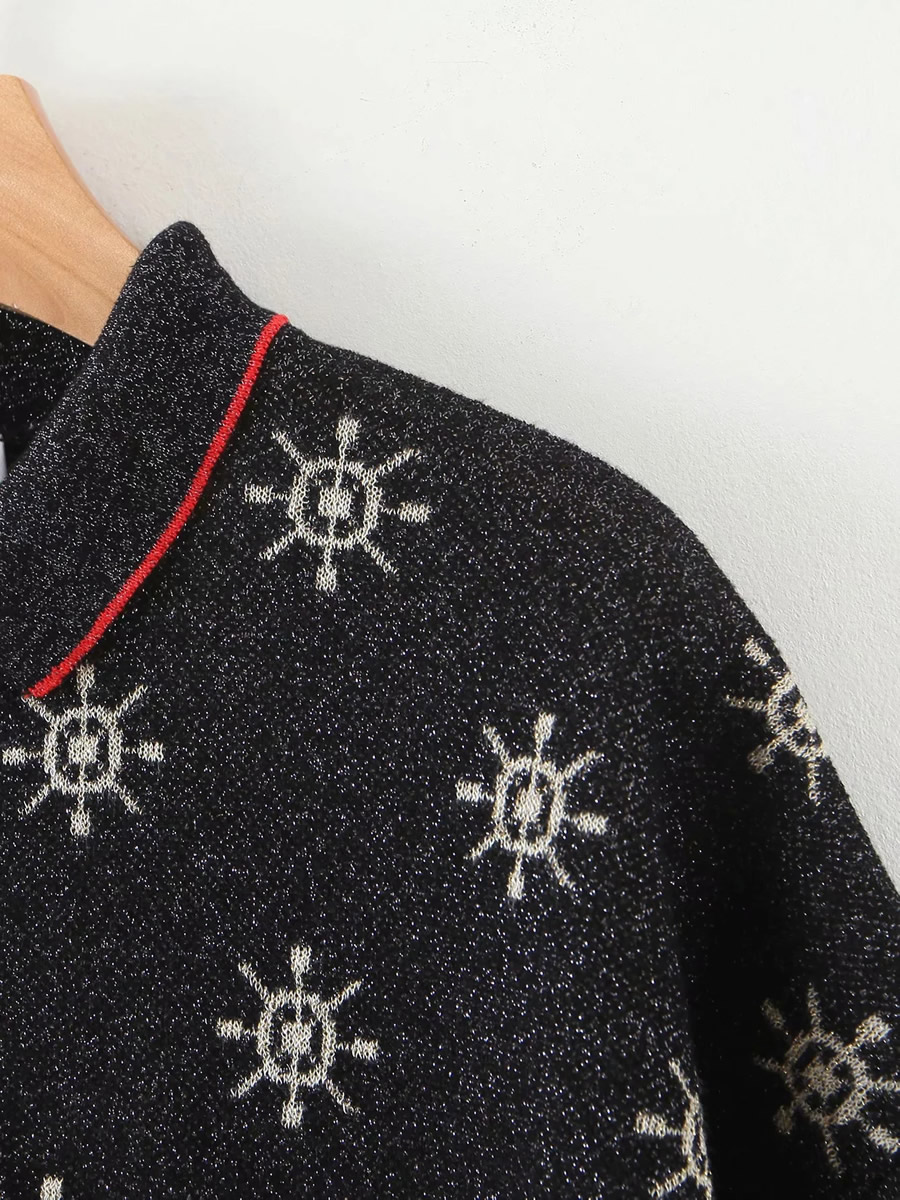 Fashion Black Knitted Jacquard Geometric Lapel Sweater,Sweater