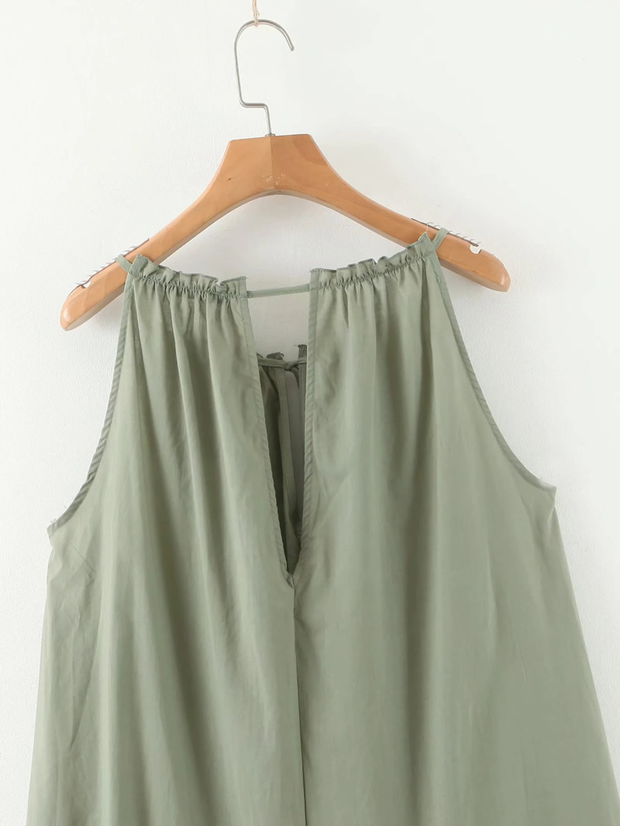 Fashion Army Green Cotton Pleated Halter Sleeveless Stitching Dress,Long Dress