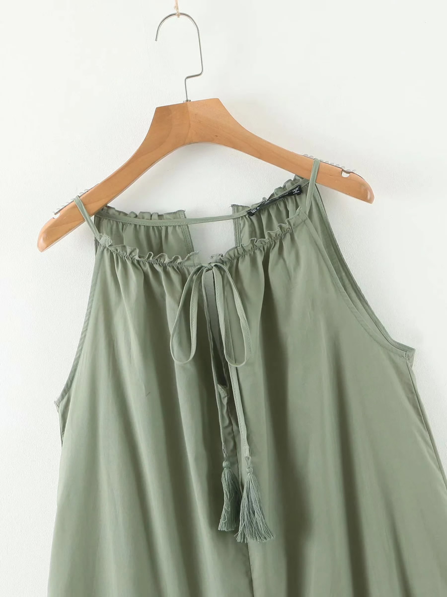 Fashion Army Green Cotton Pleated Halter Sleeveless Stitching Dress,Long Dress