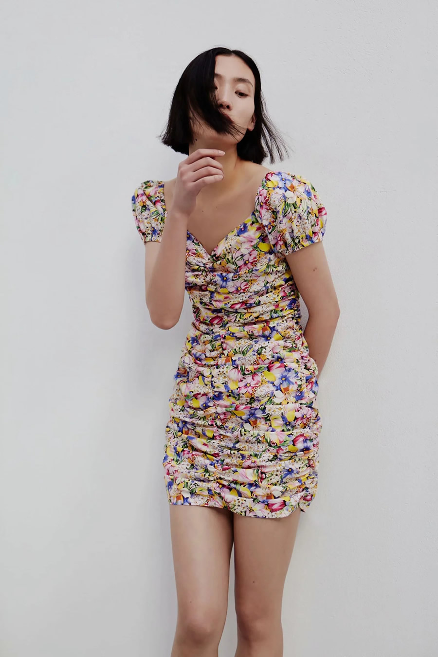 Fashion Colorful Floral Printed Pleated Slim V-neck Dress,Long Dress