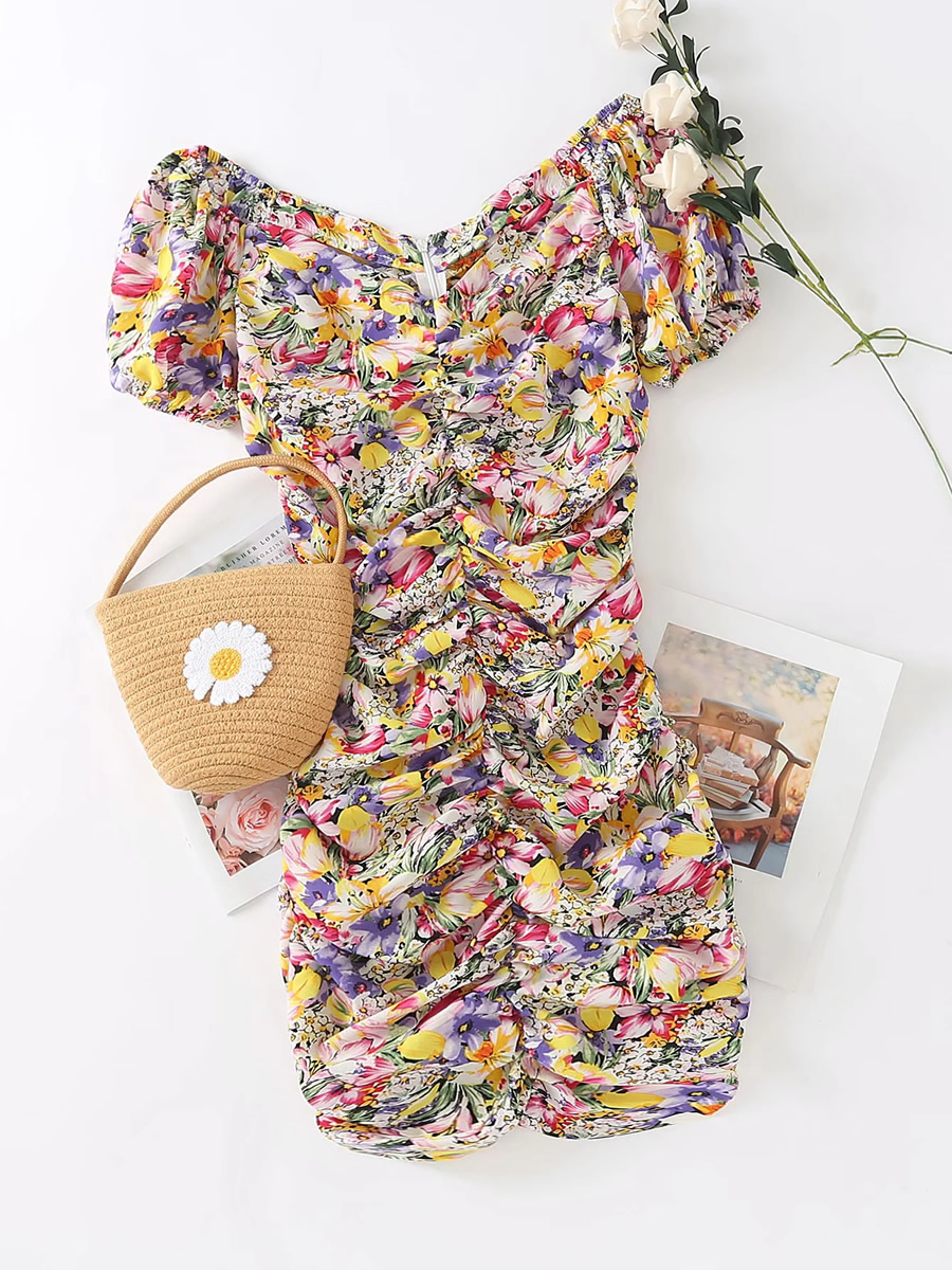 Fashion Colorful Floral Printed Pleated Slim V-neck Dress,Long Dress
