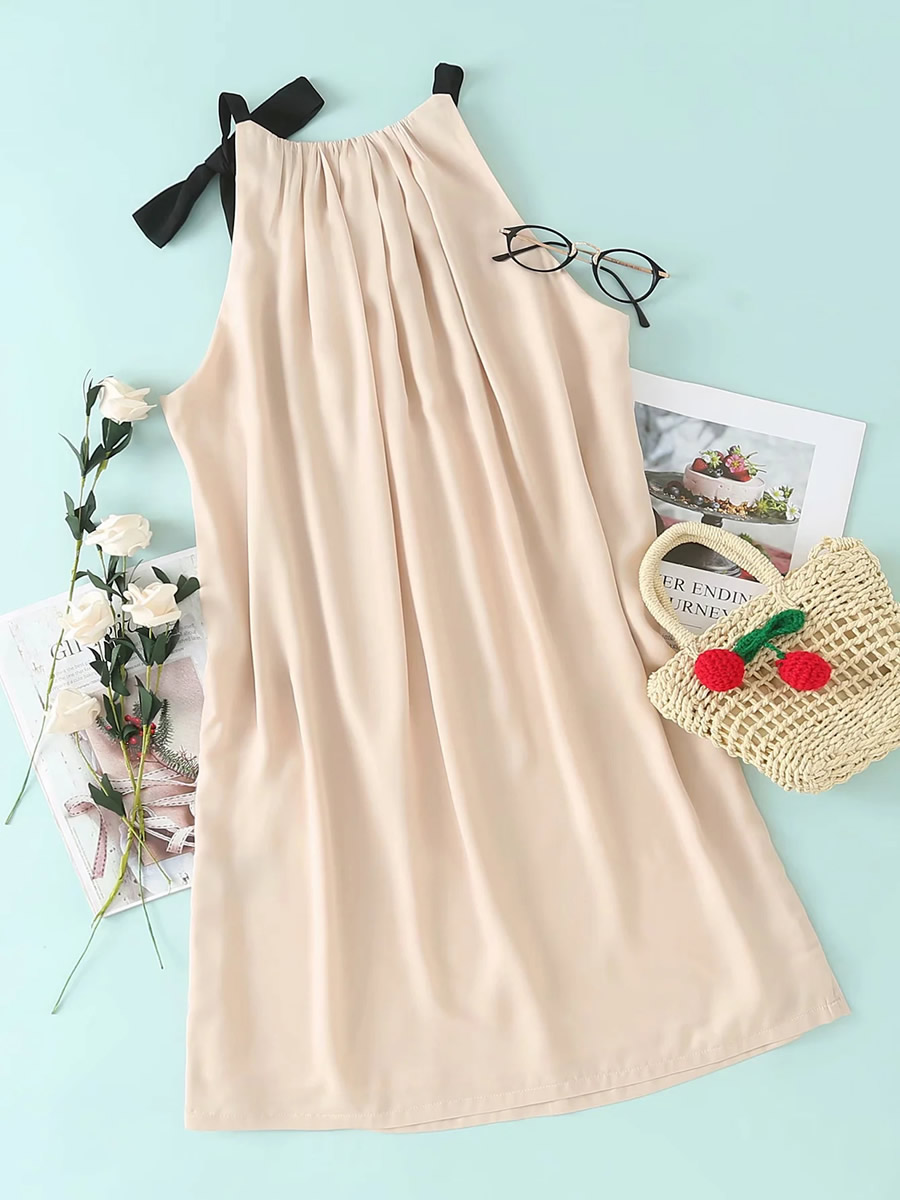 Fashion Creamy-white Sleeveless Bow Tie Pleated Chiffon Dress,Long Dress