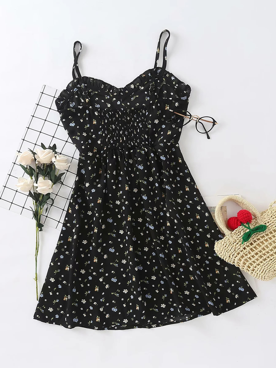Fashion Black Floral Sleeveless Wood Ear Strap Dress,Long Dress
