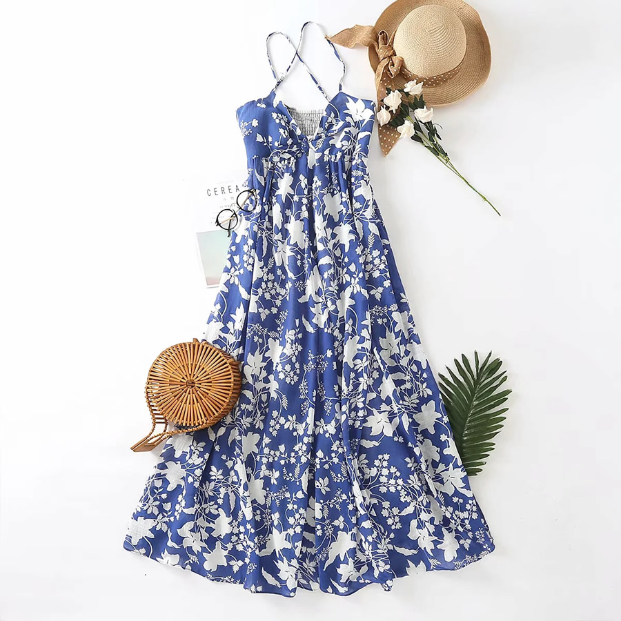 Fashion Blue Print V-neck Camisole Dress,Long Dress