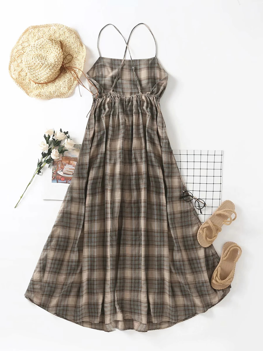 Fashion Lattice Plaid Stitching Dress,Long Dress