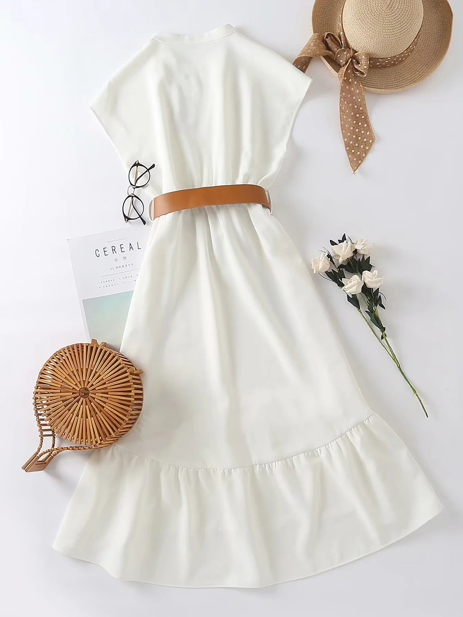 Fashion White Sleeveless Dress With Belt V-neck,Long Dress