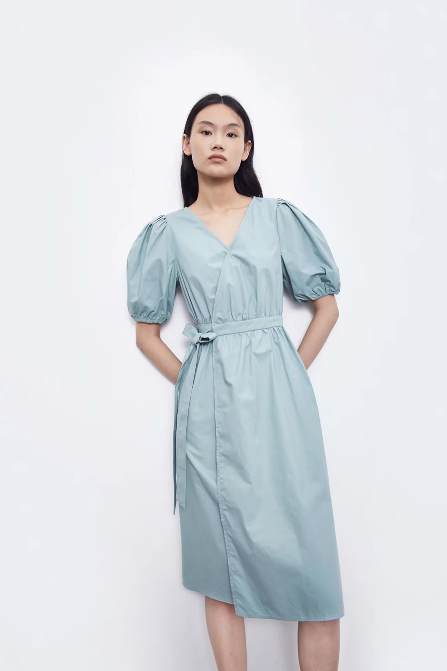 Fashion Green Loose V-neck Tether Bow Pleated Dress,Long Dress