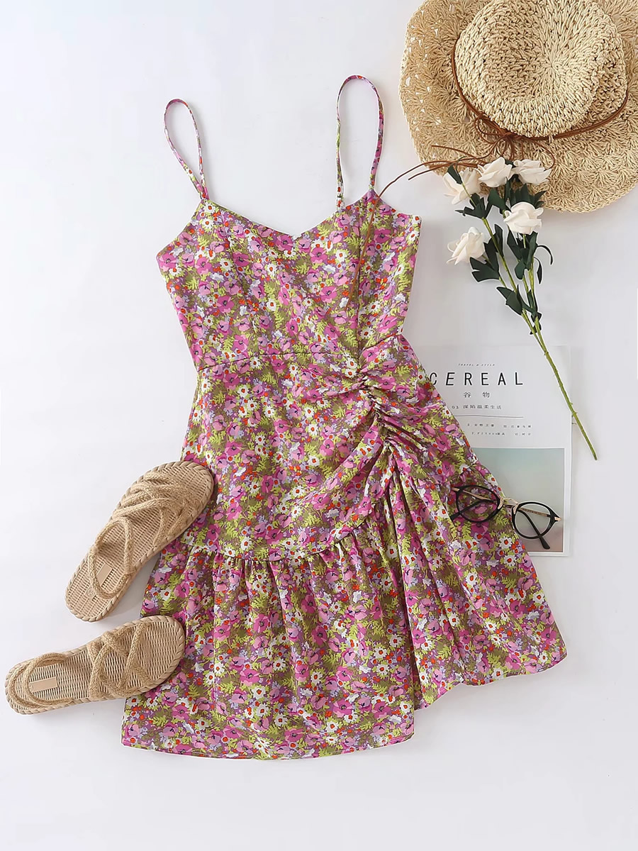 Fashion Floral Floral Pleated Irregular Camisole Dress,Long Dress