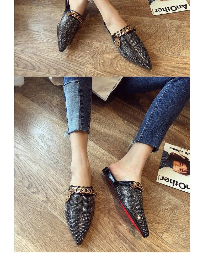 Fashion Khaki Diamond And Rhinestone Flat Heel Chain Pointed Sandals,Slippers