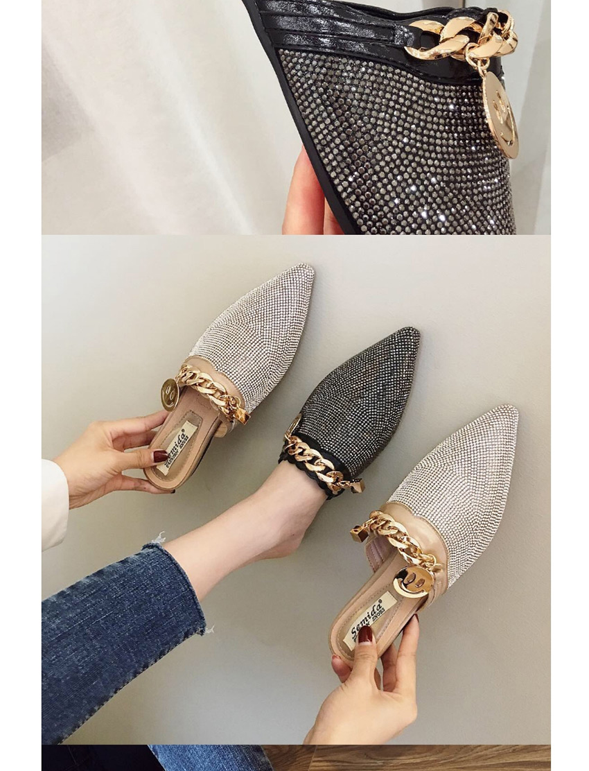 Fashion Khaki Diamond And Rhinestone Flat Heel Chain Pointed Sandals,Slippers