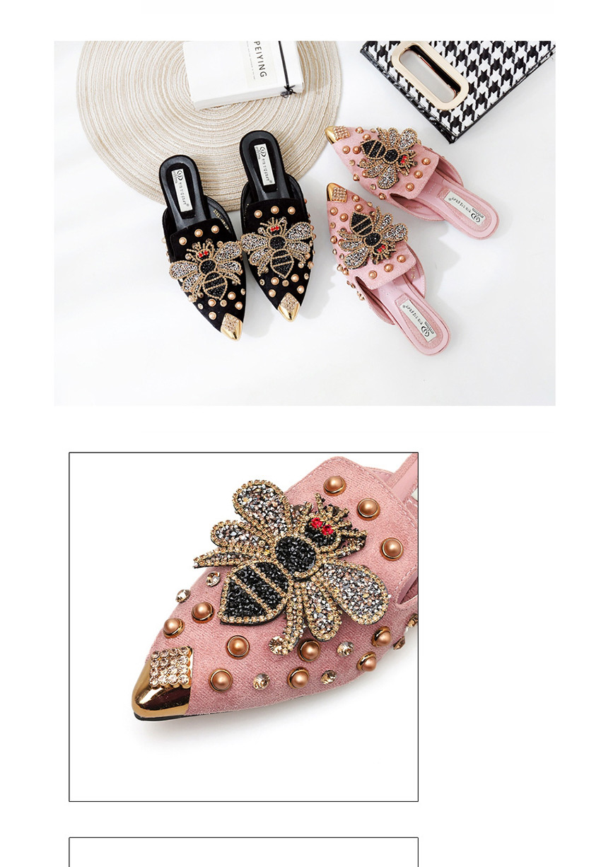 Fashion Black Pointed Rivets Bee And Diamond Toe Cap Half Slippers,Slippers