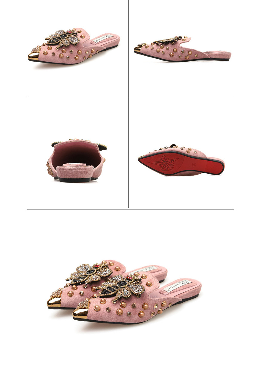 Fashion Pink Pointed Rivets Bee And Diamond Toe Cap Half Slippers,Slippers