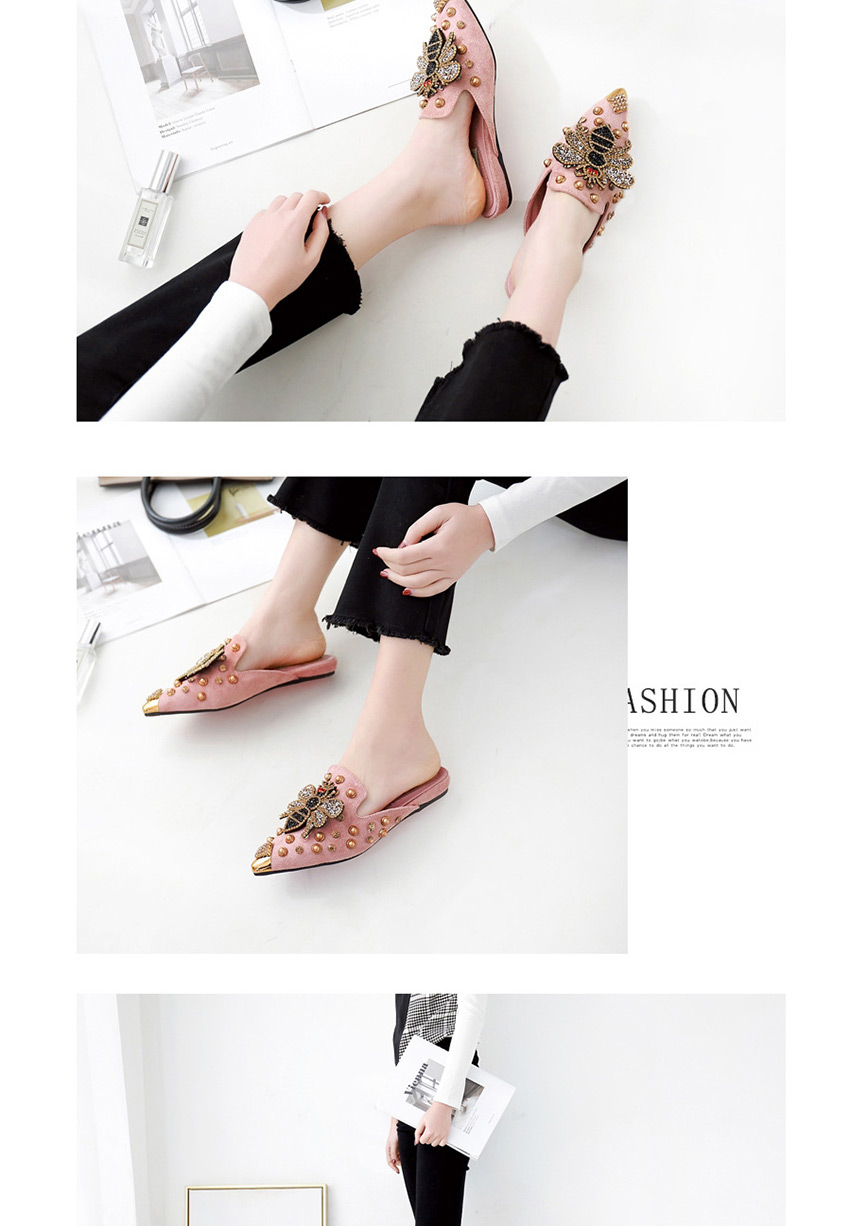 Fashion Pink Pointed Rivets Bee And Diamond Toe Cap Half Slippers,Slippers
