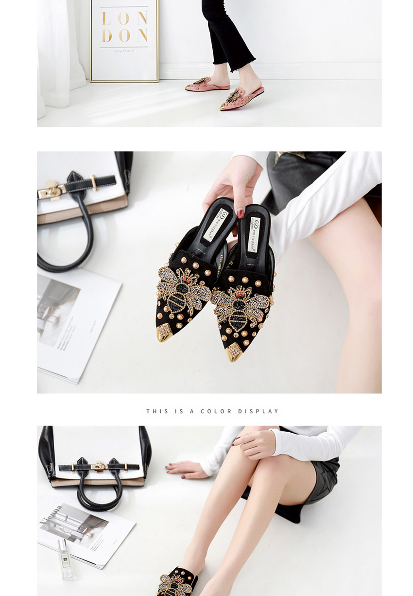 Fashion Black Pointed Rivets Bee And Diamond Toe Cap Half Slippers,Slippers