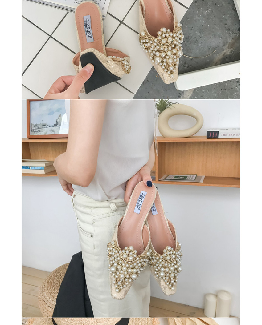 Fashion Apricot Beaded Baotou Flat Slippers,Slippers