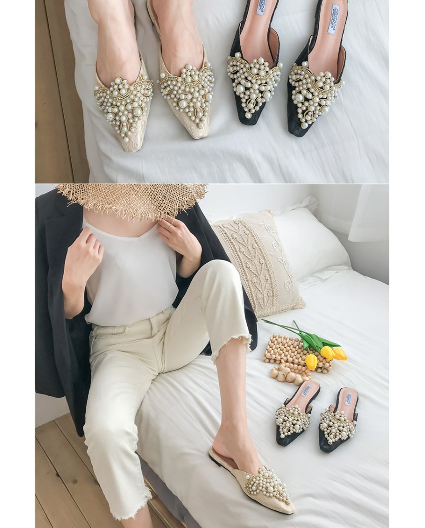 Fashion Apricot Beaded Baotou Flat Slippers,Slippers