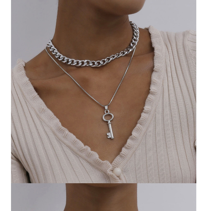 Fashion White K Geometric Thick Chain Double Hollow Key Alloy Necklace,Chains