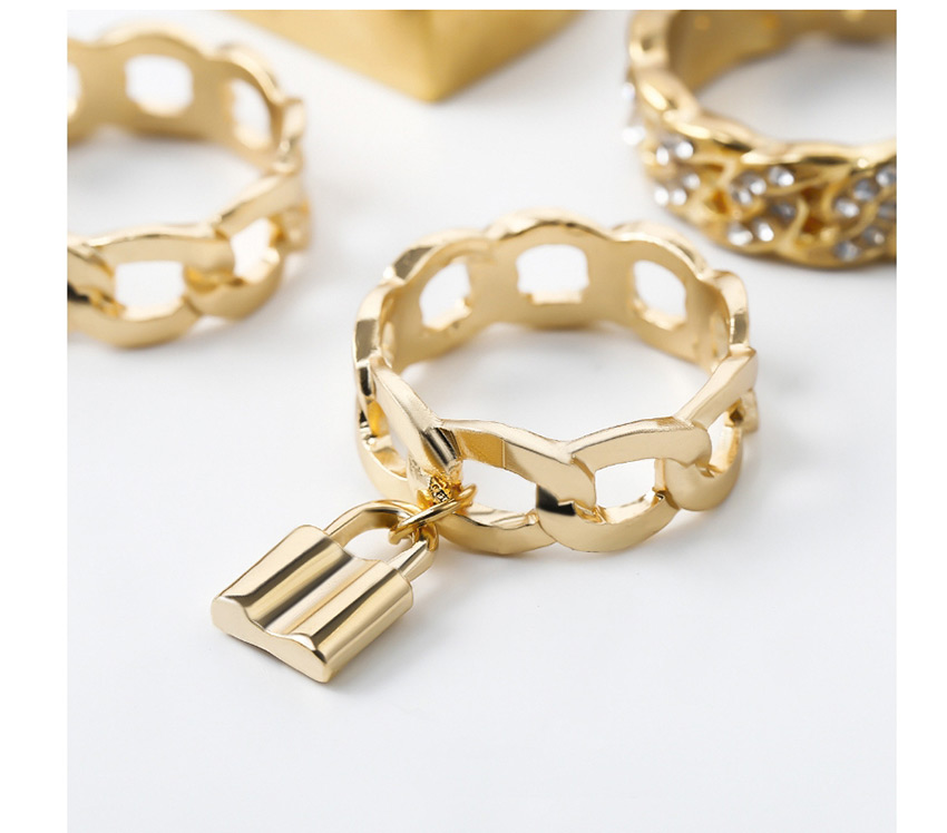 Fashion Golden Suit Chain Rhinestone Flower Disc Engraved Letter Geometric Square Ring Set,Rings Set