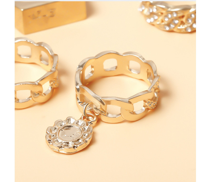 Fashion Golden Suit Chain Rhinestone Flower Disc Engraved Letter Geometric Square Ring Set,Rings Set